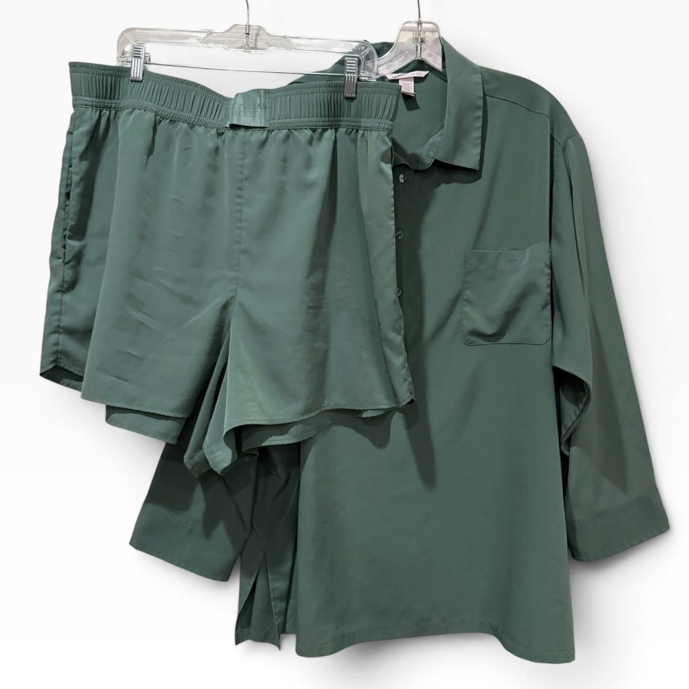 Victoria's Secret Pajama Set XXL Green Satin Long Sleeve Shirt and Shorts 2pc